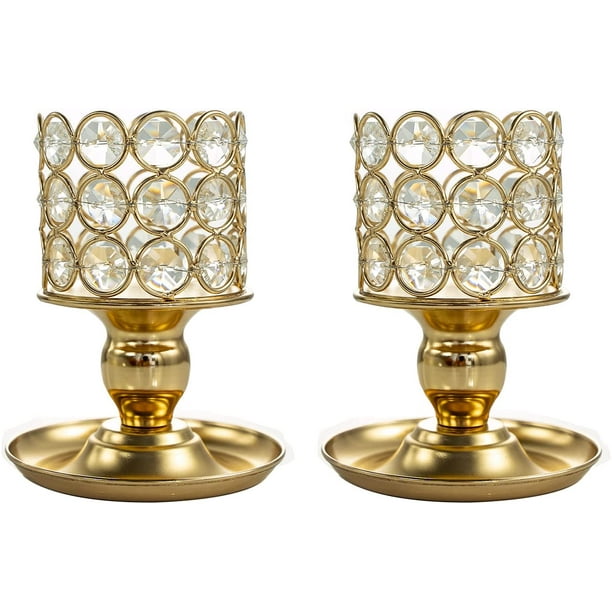 Gold Crystal Cylinder Candle Holders Set of 2 for Anniversary