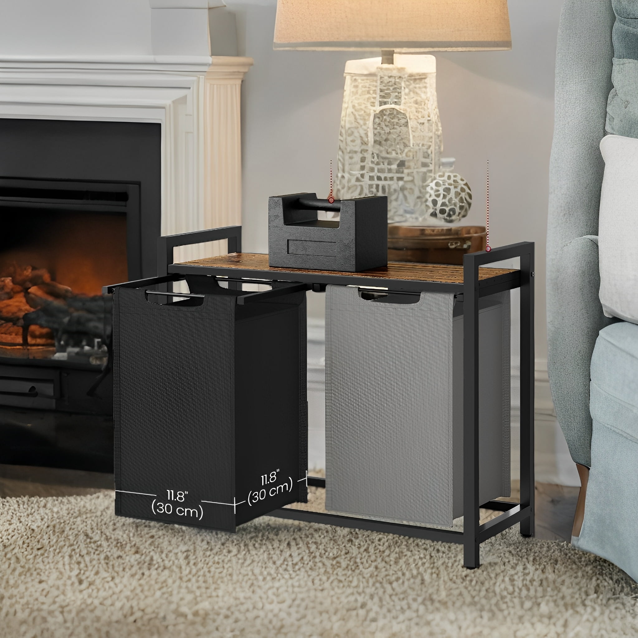 LEDREM 2-Compartment Laundry Hamper with Removable Bags & Storage Shelf, 92L Total Capacity, Steel Frame & Oxford Fabric, Rustic Brown and Charcoal Grey