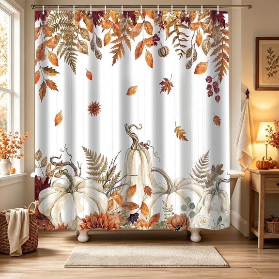 Halloween Shower Curtain 70x59 Inch, Waterproof Fabric Bath Curtain Autumn Fall Themed Bathroom Decor Set with Hooks