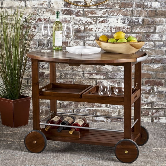 Modern Industrial Bar Cart For Outdoor Gatherings, Construction Wood With Removable Wine Rack And Lockable Wheels