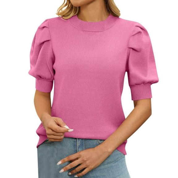 Sweaters for Women, Casual Women's Short Sleeve Sweater With Round Neck And Puff Sleeves Solid Color Knit Top, Sweater(Hot Pink,L)