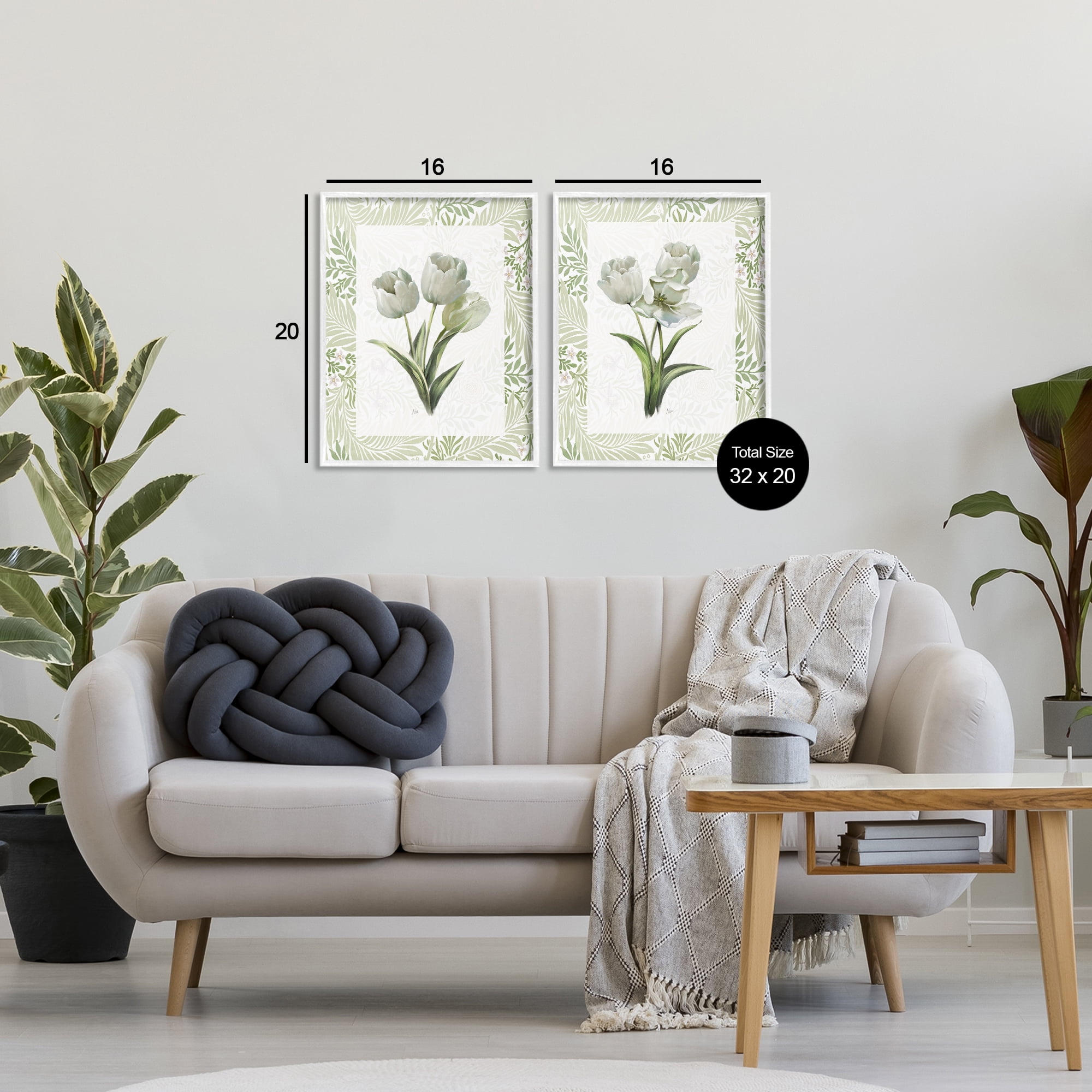 Stupell Industries Soft Green Tulip Trios 2 Piece White Framed Giclee Art Set, design by Nan