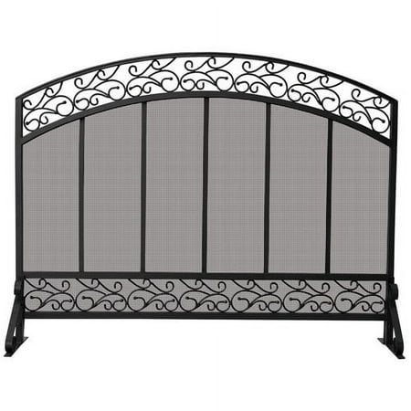 Uniflame #S-1324 Black Wrought Iron Single Panel Fire Screen w/ Hammered Copper top Trim
