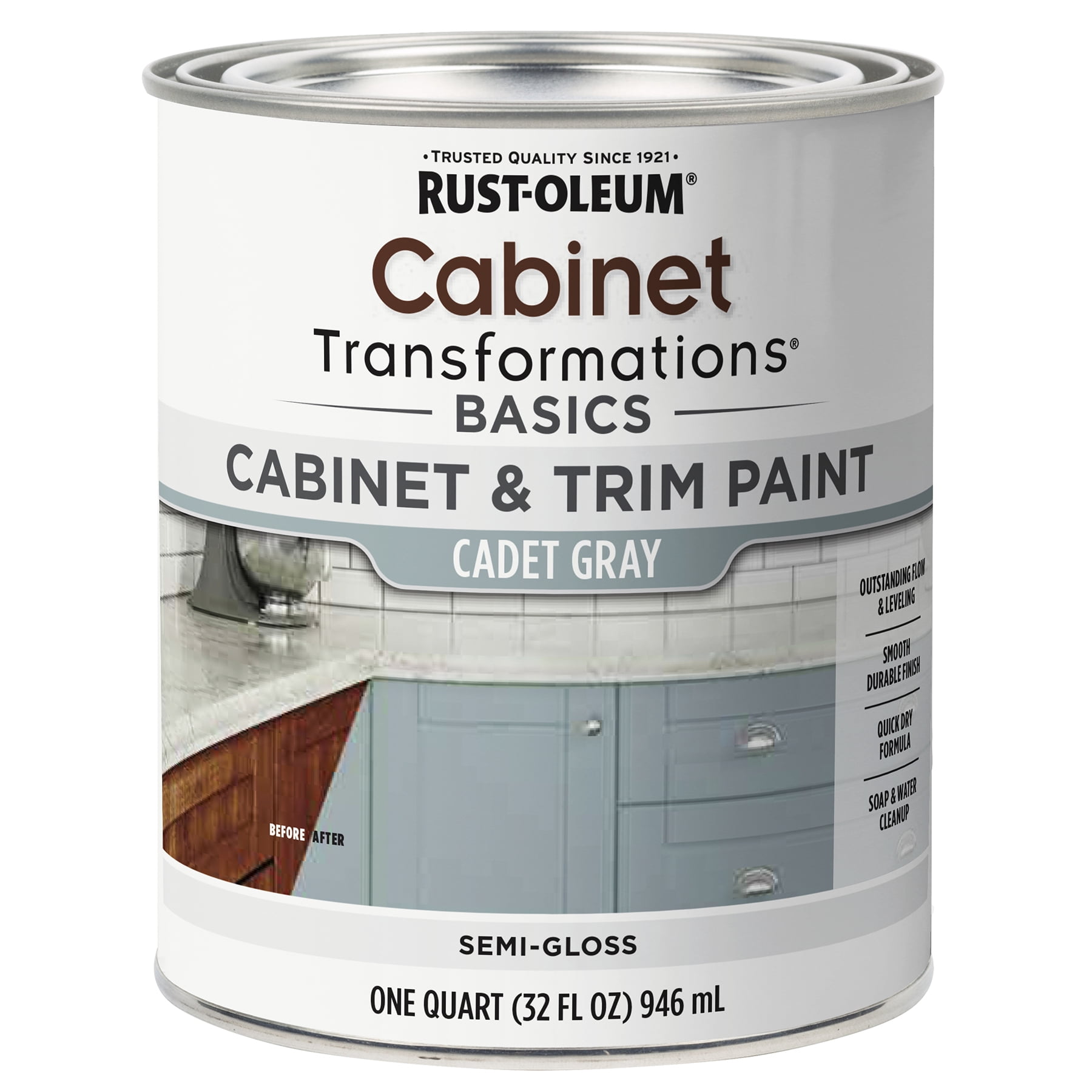 Cadet Gray, Rust-Oleum Transformations Semi-Gloss Cabinet & Trim Paint, Quart, 4 Pack