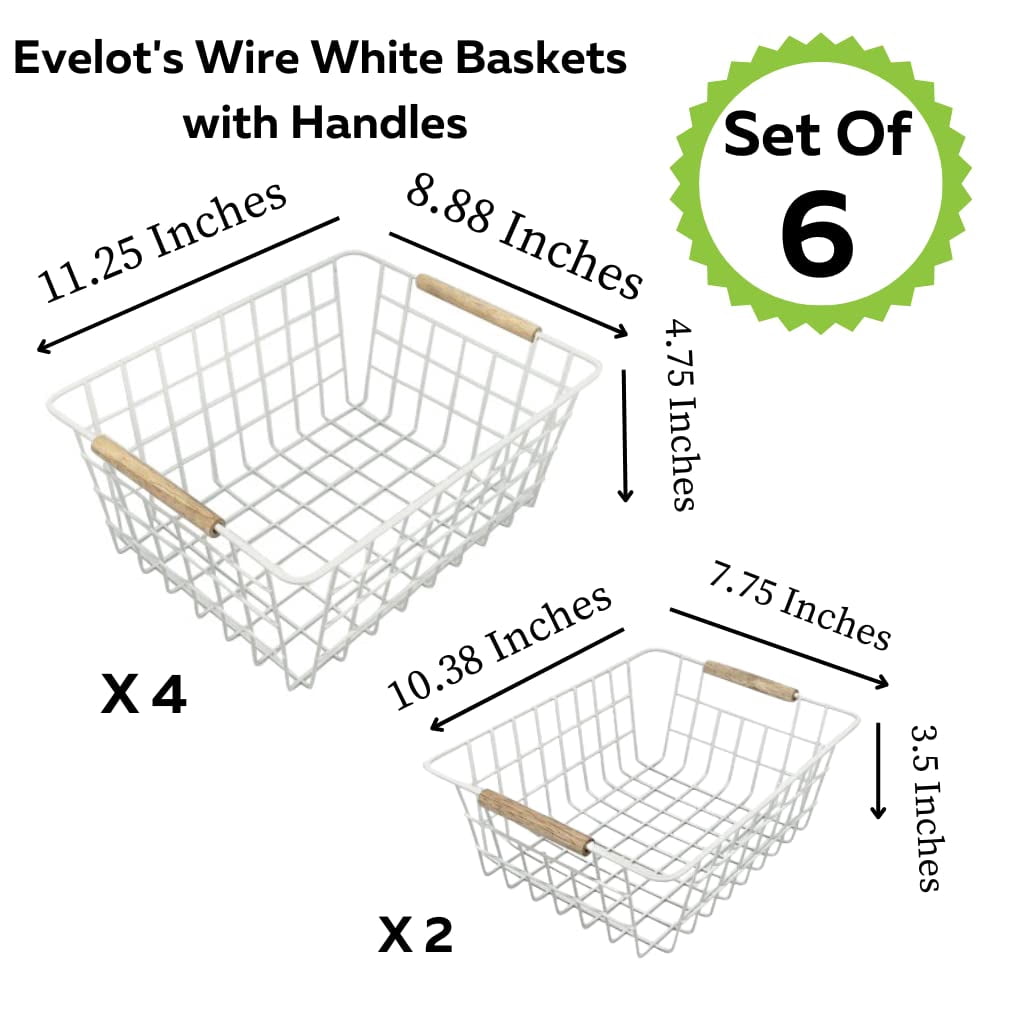 Evelots Wire Storage Baskets with Wood Handles-Pack of 6-Kitchen Cabinet, Pantry Shelf Organization, or Bathroom Metal Basket-Refrigerator/Freezer Organizer Bins-White
