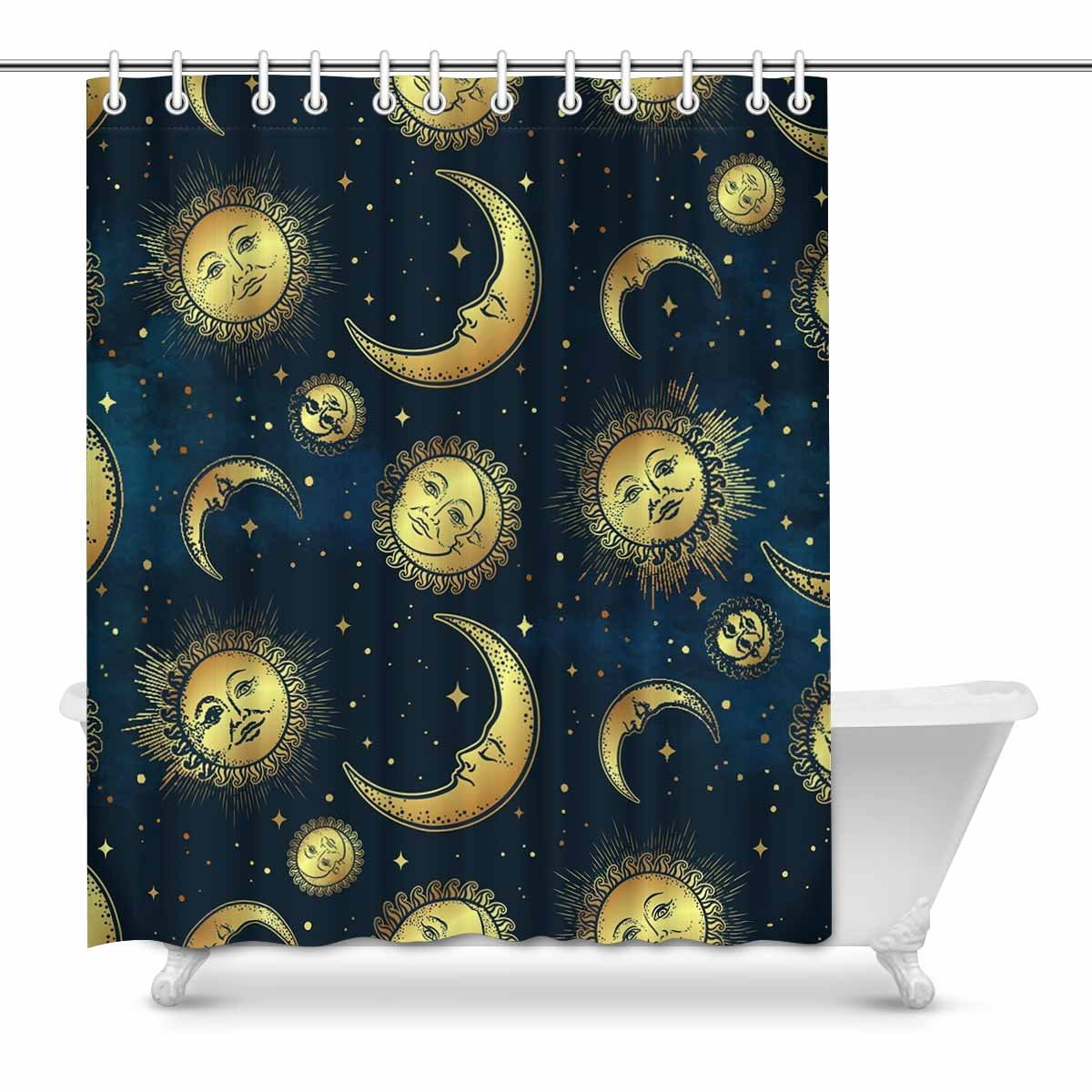 Bohemian New Moon Star Mandala Bathroom Waterproof Fabric Shower Curtain & Hooks 