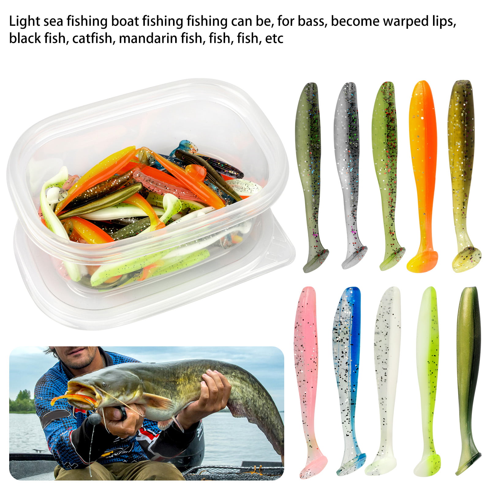 100/50PCS Soft Fishing Lures, TSV 2 T-tail Soft Baits Kit Stinger Shade  Grubs Assorted Mixture Crappie Quiver Tail for Bass, Hook Slot, Trout