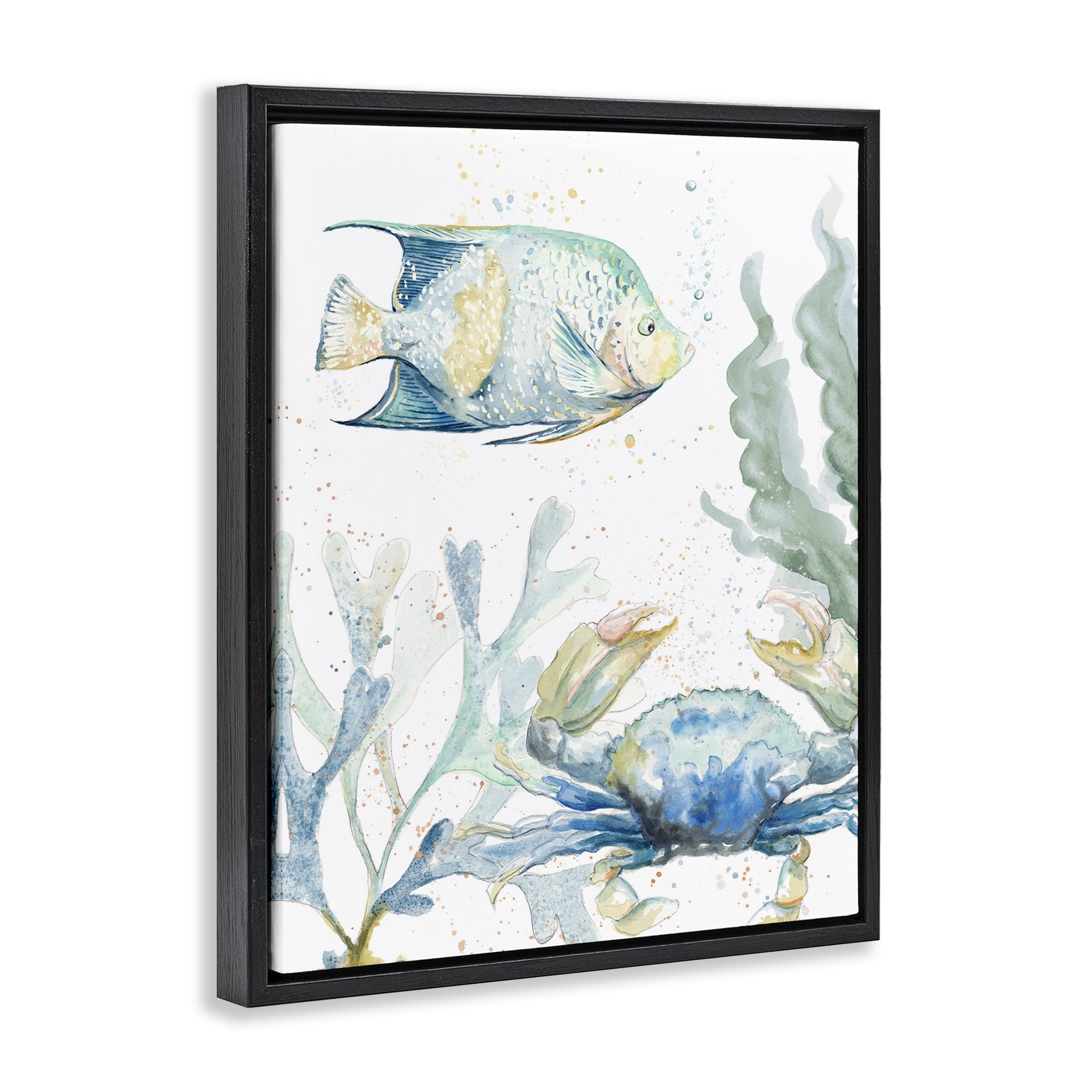Stupell Industries Crab & Fish Scene Animals & Insects Painting Black Floater Framed Canvas Art Print Wall Art, 17 x 21