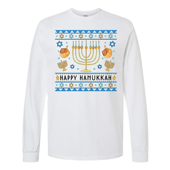 Inktastic Happy Hanukkah Sweater Style Design with Menorah and Dreidel Long Sleeve T-Shirt