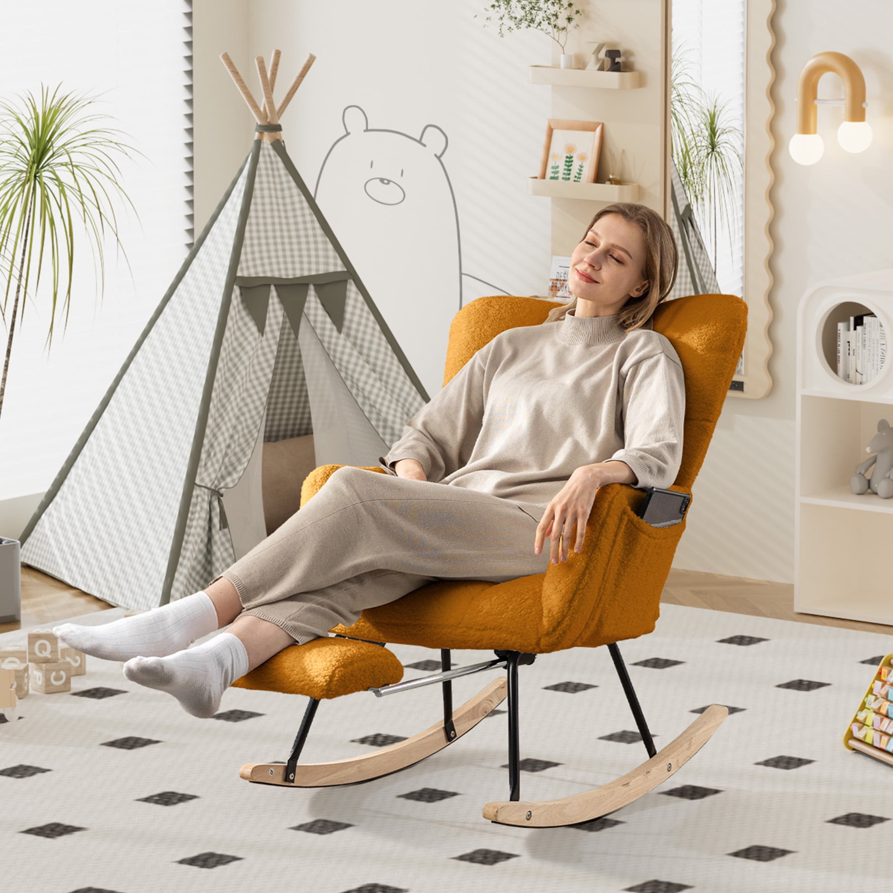 WIILAYOK Rocking Chair with Foot Rest,Teddy Upholstered Glider Chair with High Back Side Pocket Accent Rocker Arm Chair for Living Room Bedroom Office,Caramel