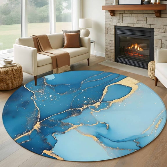 Abstract Art 7FT Round Area Rugs for Living Room 111 Teal Blue Marble Stone Gold Cracks Modern Ultra-Thin Non-Slip Round Rugs Machine Washable Low Pile Circle Carpet for Bedroom Kitchen Nursery