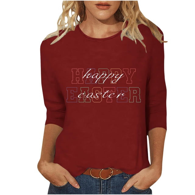 Plebaso Hauts de Pâques à Manches 3/4 pour Femmes, Imprimé Mignon, Col Rond, Blouses Amples pour Femmes