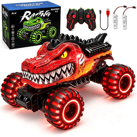 HNH RC Monster Truck Toys, Dinosaur RC Cars Toys for Kids 3-10 Ages, 1:18 Scale Remote Control Cars with 2 Batteries and LED Lights