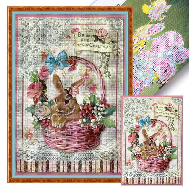 Hilo de bordar de algodón completo, estampado 11CT, cesta navideña, conejito, punto de cruz, 45x65cm