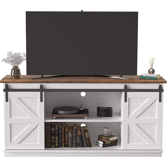 TV Stand for 65 Inch TV, Entertainment Center with Storage Cabinets and Sliding Barn Doors, Modern Media Console Table for Living Room or Bedroom (Bright White)