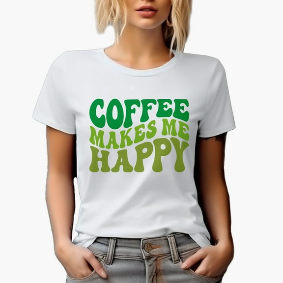 Coffee Makes Me Happy Quote, Groovy Retro Wavy Text Merch Gift, White T-Shirt, Small