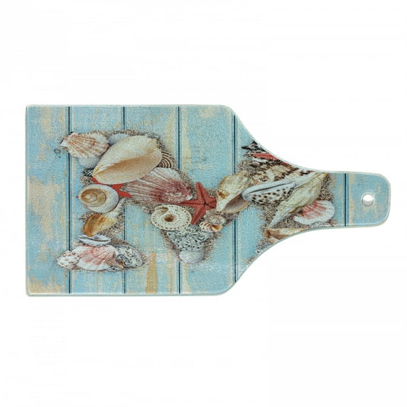 Letter M Cutting Board, Aquatic Inspirations a Wooden Background Ocean Pale Colored, Decorative Tempered Glass Cutting and Serving Board, Wine Bottle Shape, Dark Coral Pale Blue, by Ambesonne