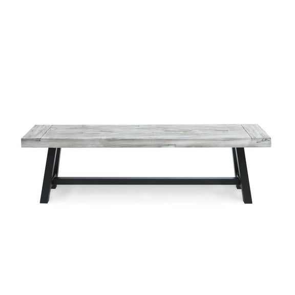 Noble House Bennett Indoor Farmhouse Acacia Wood Dining Bench, Sandblast Light Grey, Black Rustic Metal