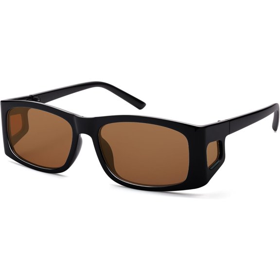 Retro Rectangle Wrap Around Sunglasses AP3714 | Fit Over Sun Glasses Squarish Wrapped Frame with Side Window Shields Full Protection