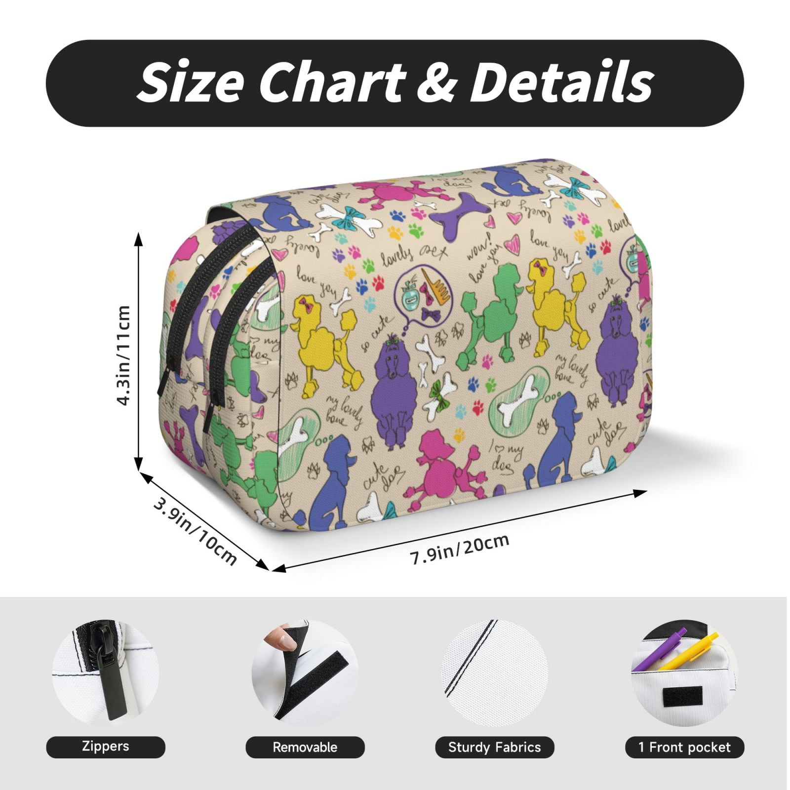 Rateoe Colorful Poodle Dog Pattern Double Clamshell Pen Case, Storage Organizer with Two Zipper Compartments– Holds Up to 50 Pencils & Pens
