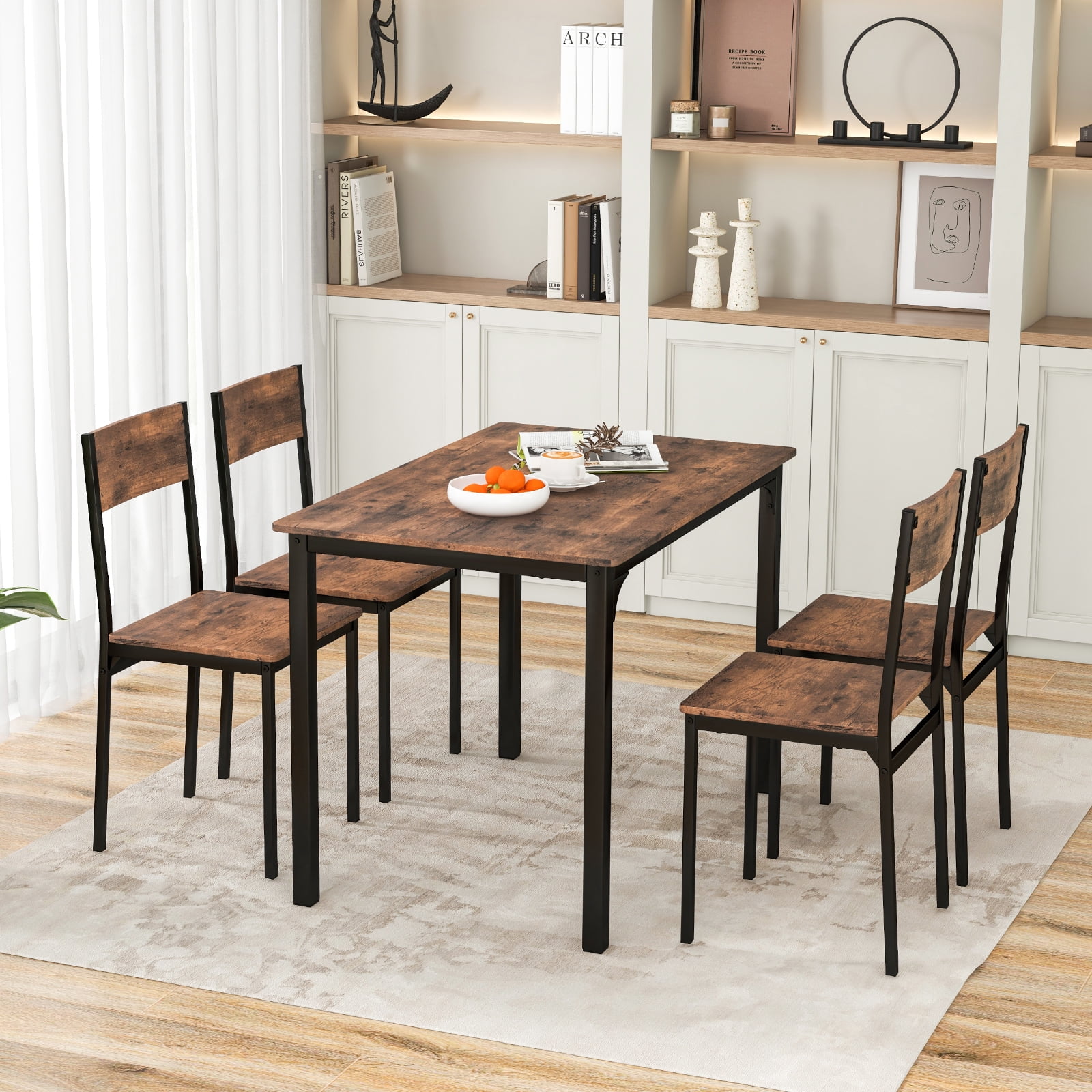 Costway 5-Piece Industrial Style Metal Dining Table Set with Kitchen Table and Chairs, Brown
