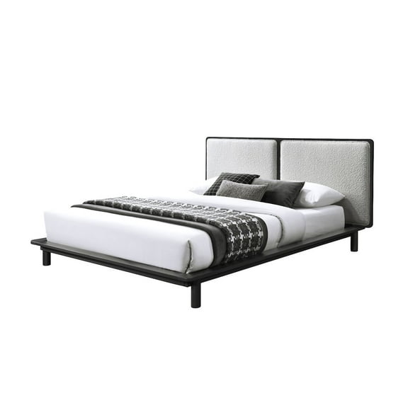 Omax Decor Nord Queen Size Wood Platform Bed in Black and Cream Beige Boucle