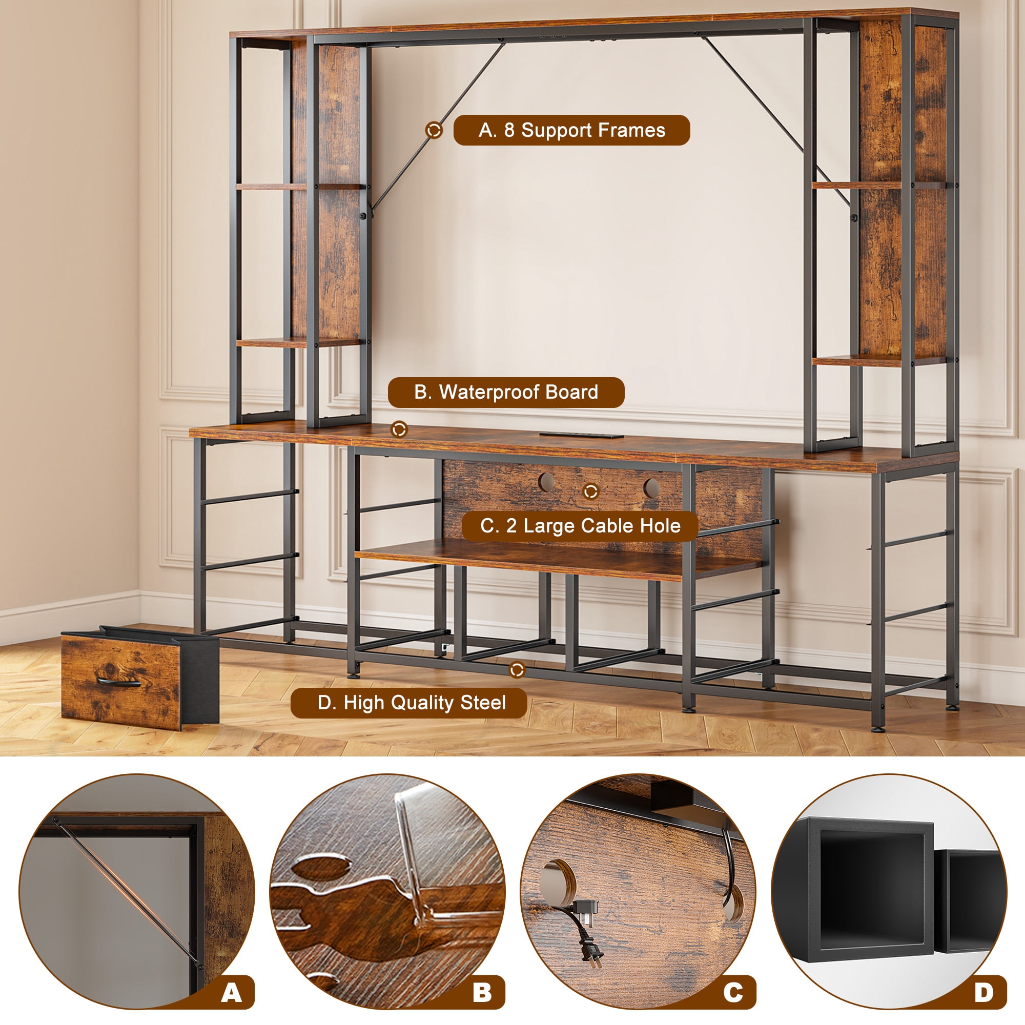 EnHomee Entertainment Wall Unit TV Stands with 11 Fabric Drawer Modern TV Console Table with Open Shelves for 65" TV Stand for Living Room,Brown