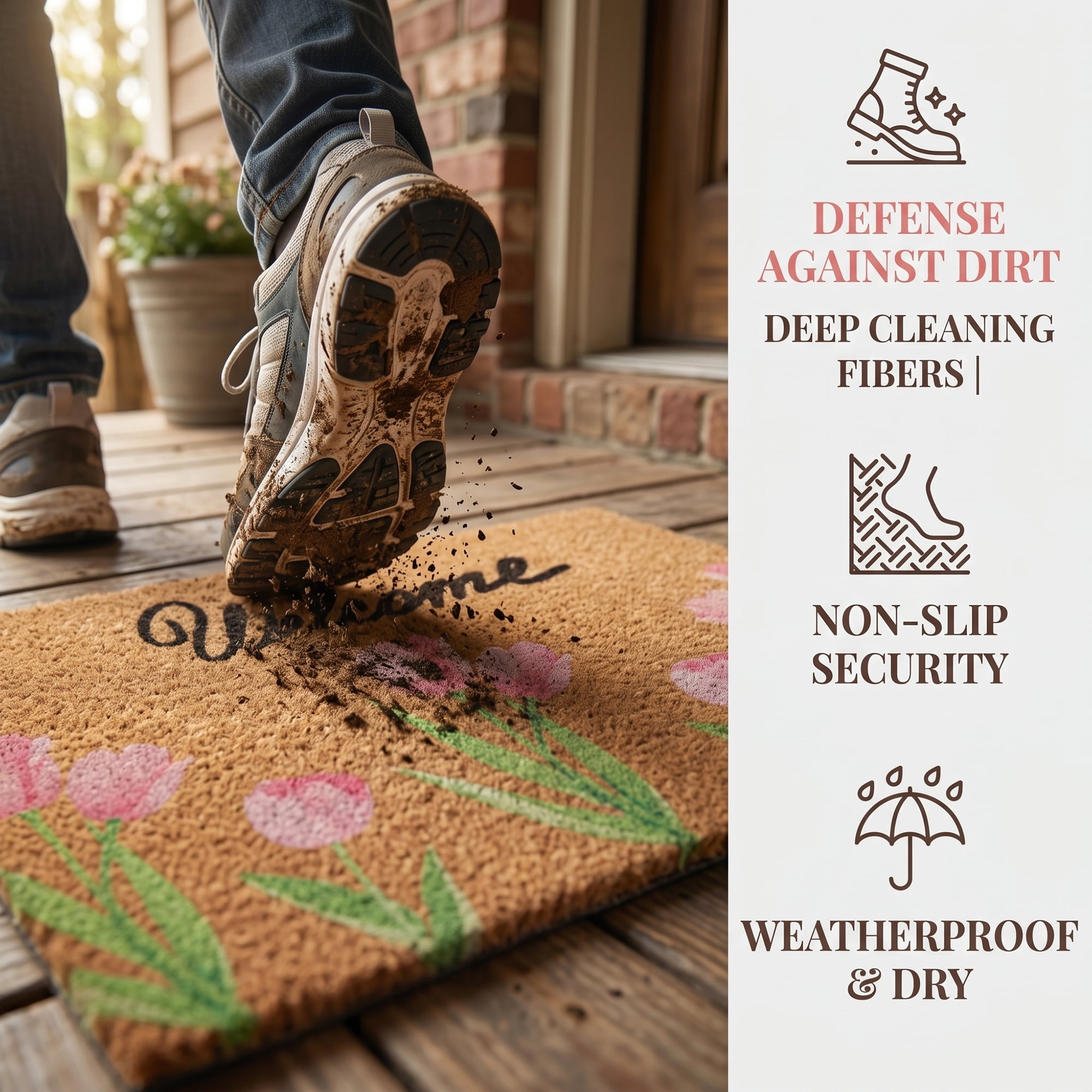 Unique Bargains Natural Coir Non-Slip Backing Waterproof Doormat Brown Tulip 28" x 18"