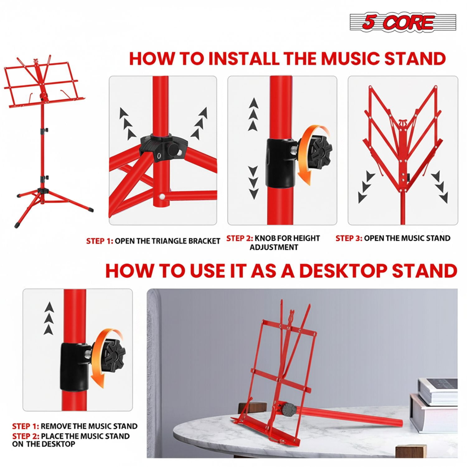 Music Stand Adjustable Desktop Book Stands Portable Sheet Holder All Metal Foldable Bookstand - MUS FLD RED