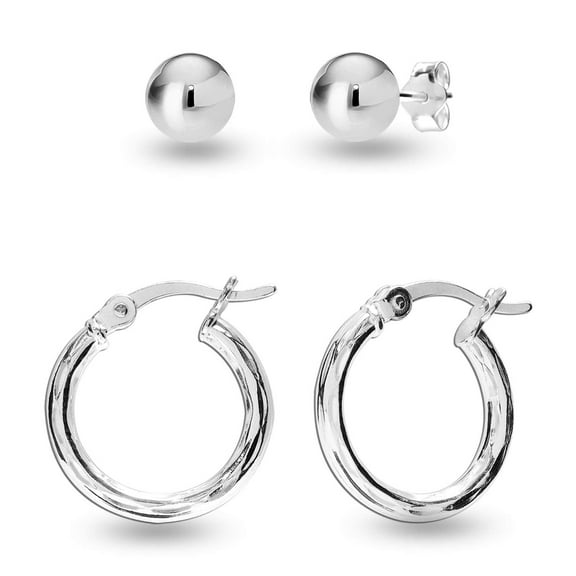 LeCalla 925 Sterling Silver Light-Weight Diamond-Cut Click Top Small Hoop and Ball Post Stud Earrings For Women and Teen Set of 2 Pairs (15mm, 5mm)