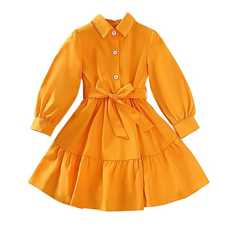 

YDOJG Dresses for Girls Kid Long Sleeve Dress Solid Princess Dress Children Spring Summer Fall Shirtdress With Belt Orange 4-5 Years