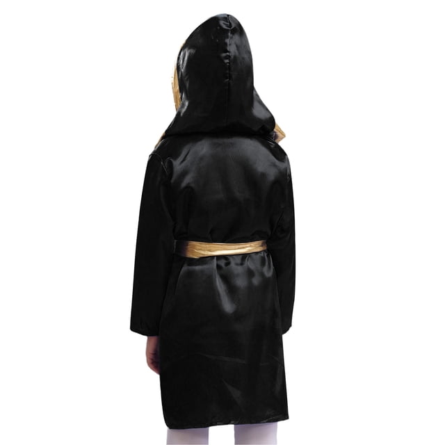 RUNQHUI Boys Halloween Boxing Costume Kickboxing Training Outfits Metallic Hooded Robe with Athletic Black&Gold 14