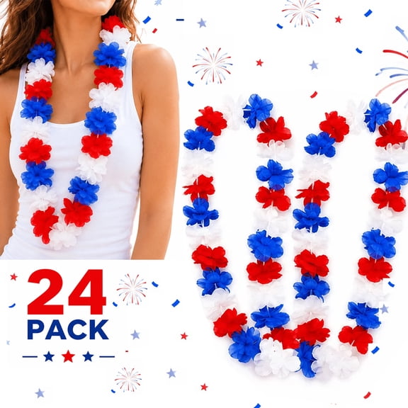 Kabuer 4th of July Decorations Party Supplies Red White and Blue Flower Leis for Independence Day Patriotic Party Favors 24 Pack