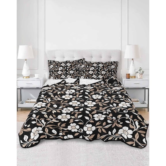 Quilts Queen Size, Black White Floral Soft Comforter Bedding Set for Bed, Farmhouse Vintage Botanical Leaves Lightweight Quilted Bedspread with Pillow Cover(2 Pieces) for All Season, 90x96 Inch
