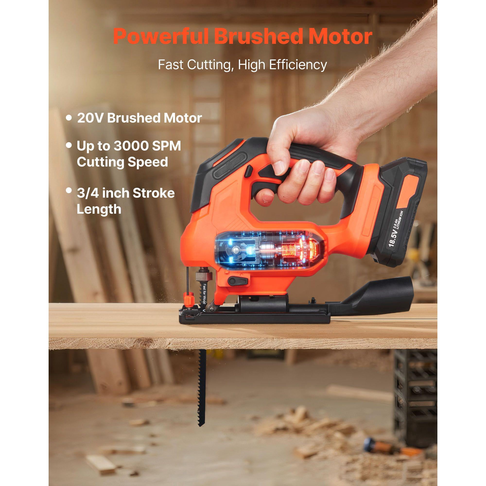 20V Cordless Jig Saw 3000 SPM with Battery Charger LED Light 6 Variable Speed 0-45 Degree Bevel Cuts 6 Blades 4 Orbital Settings for Wood Metal Cutting