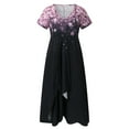 thumbnail image 4 of Gubotare Dresses for Women Evening Party Pleated A-Line Flowy Dress Summer V-Neck Short Sleeve Wedding Guest Midi Dress Ruffle Split Asymmetrical Dress Style B-4 Floral Sun Dr,Black 2XL, 4 of 5