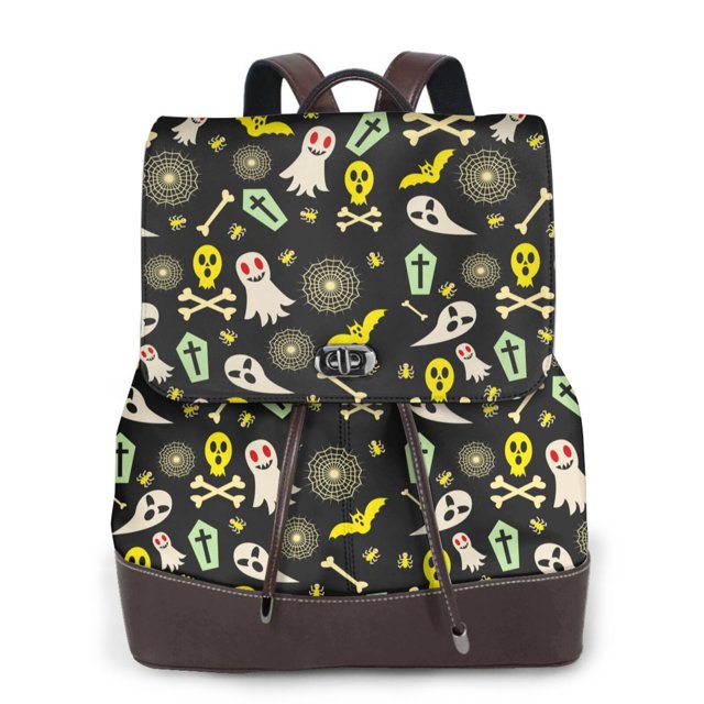 Easygdp cartoon Skull spider web Mochila de Cuero para Mujeres, Bolso de Hombro, Bolsos de Mano de Moda para Trabajo y Viajes