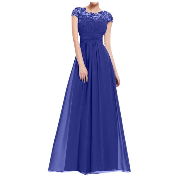 Meichang Womens Chiffon Maxi Dresses Tunic Fitted Pleated Solid Color Sundress Flared Swing Lace Short Sleeve Crewneck Dress Elegant Evening Party Club Prom Sundresses