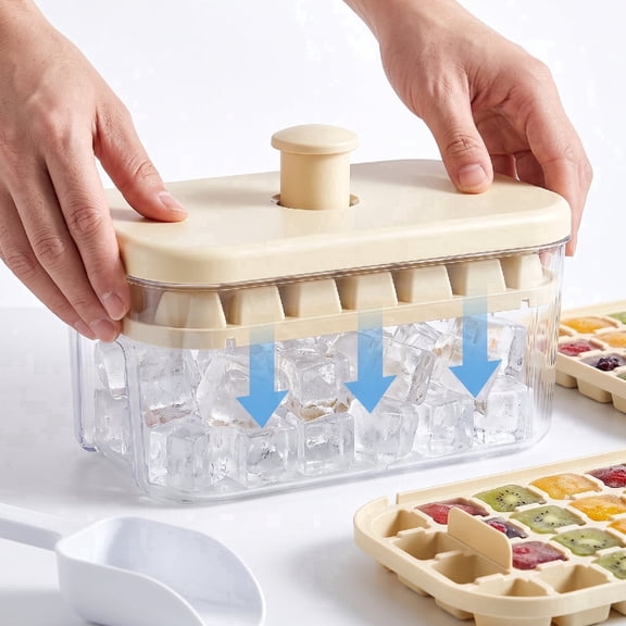 Ice Cube Tray with Lid and Bin, 2 Pack Ice Cube Trays for Freezer, 56Pcs Ice Cube Mold, Small Ice Cubes Maker for Drinks (Cream Yellow)