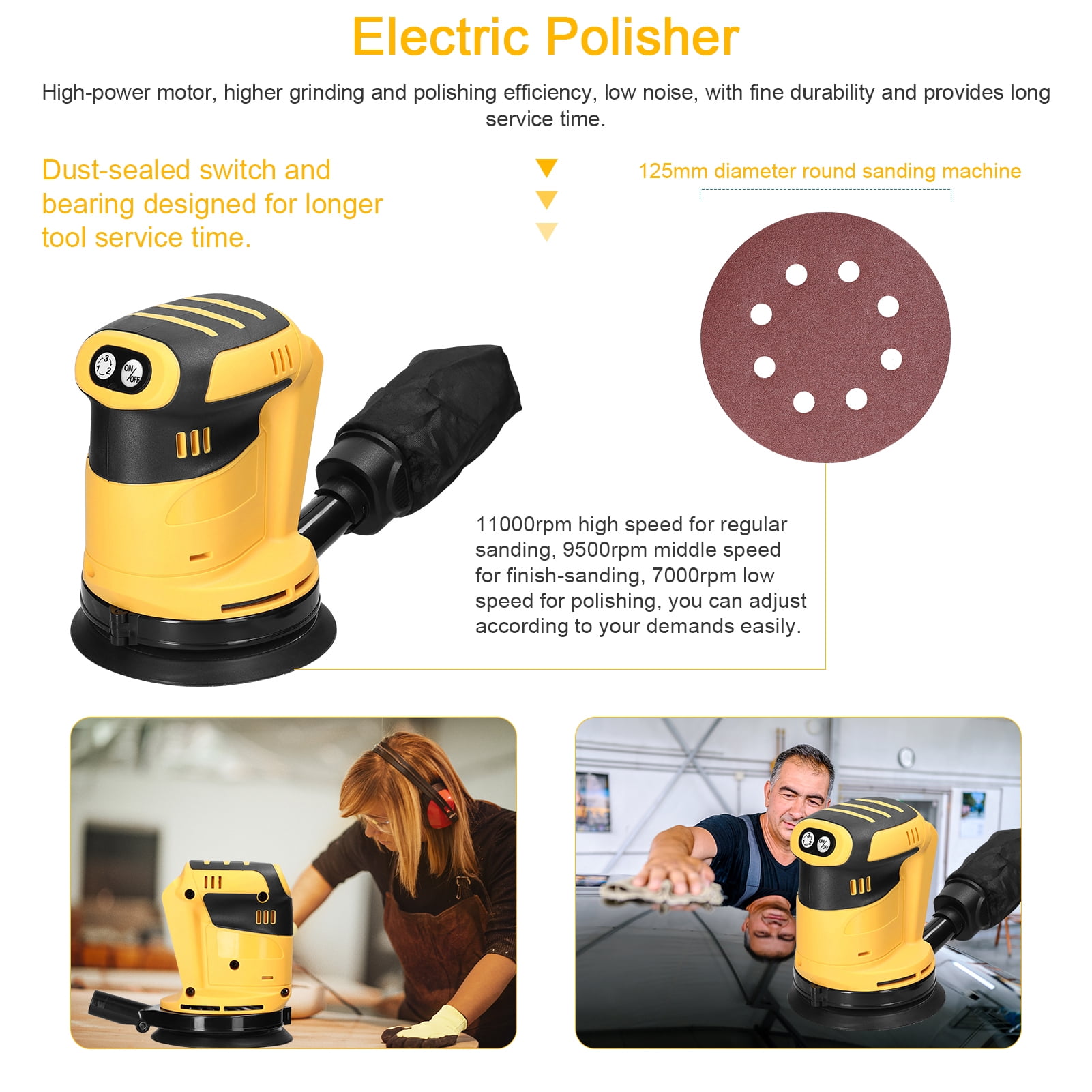 Sanding machine,Rusuo Metal Wood Car Metal 3 Sander 20v Battery Polisher Sander Wood Metal Brush Motor Speed Adjustable Orbital Sander 125mm Metal 125mm Car Rusuo