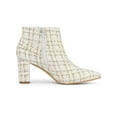 thumbnail image 3 of BLISSFUL STEP Women Plaid Point Toe Side Zip Block Heels Ankle Boots White Gold 7, 3 of 8
