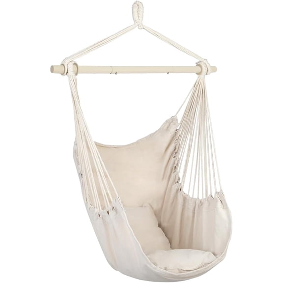 Cotton Canvas Hanging Rope Chair with Pillows,Hanging Rope Hammock Chair Swing Seat for Yard, Bedroom, Patio, Porch, Indoor/Outdoor,2 Seat Cushions Included (Beige)