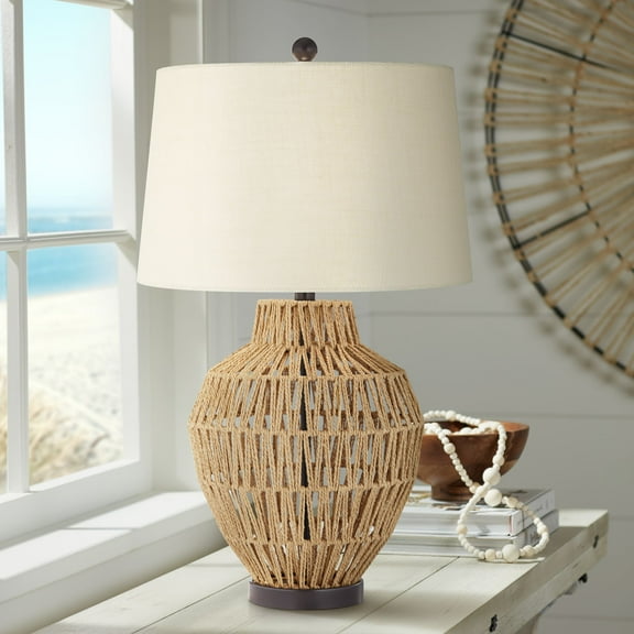 360 Lighting San Marcos Modern Coastal Table Lamp 27" Tall Natural Wicker Oatmeal Drum Shade for Bedroom Living Room Bedside Nightstand Office Kids