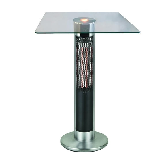 EnerG  Infrared Electric Outdoor Heated Bistro Table with LED Bulb, Tempered Glass Top, Silver Base, 1500W Capacity
