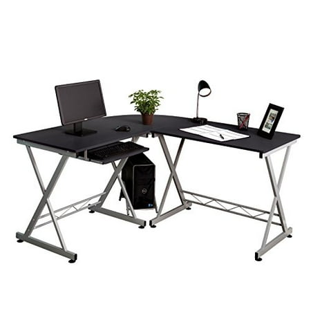 Ghp L Shape Corner Black Wood Computer Desk With Keyboard Tray