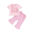 thumbnail image 2 of Musuos Kid Girls Sweet Style Clothes, 6M 12M 24M 3Y 4Y 5Y Pink Short Sleeve Letters Print T-shirt with Heart Print Flare Pants Summer Outfit, 2 of 10