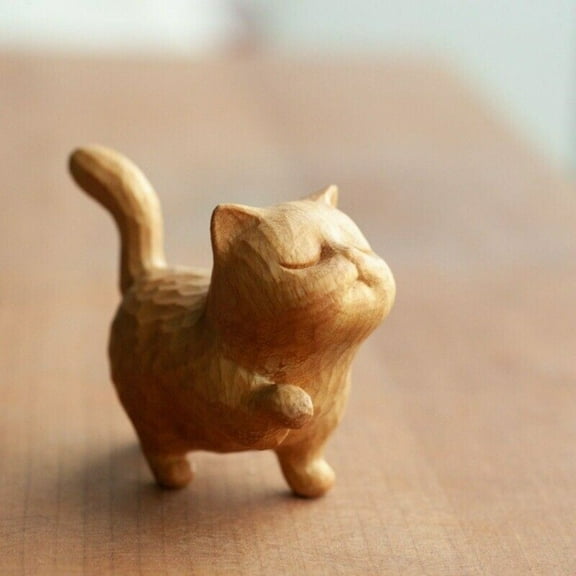 Cat Wooden Statue animal Carving Wood Figure Decor Children Gift