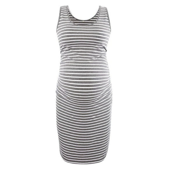 Sleeveless Maternity Dress Woman O-Neck Stripe Sleeveless Breast-Feeding Pregnant Maternity Nursing Dress