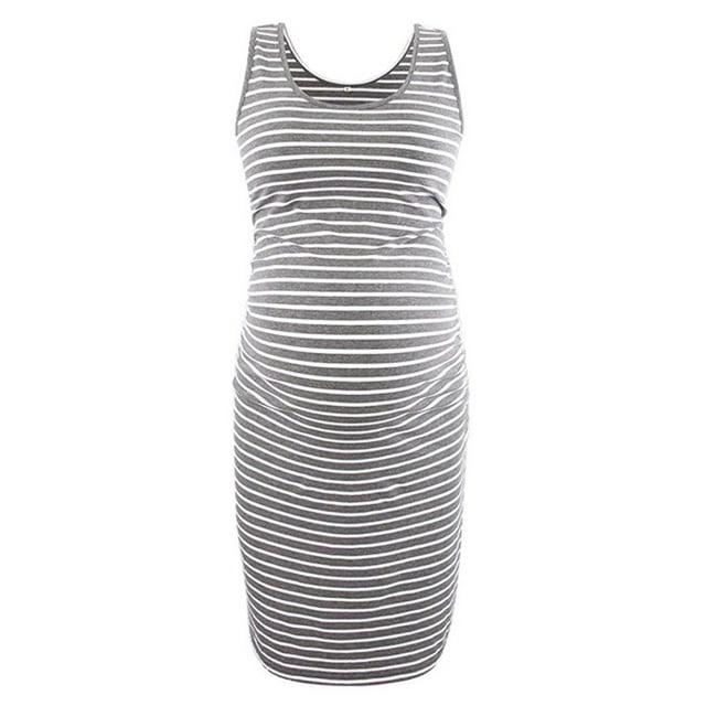 Robe de Maternité Sans Manches Femme Col Rond à Rayures Sans Manches Allaitement Enceinte Robe d'Allaitement de Maternité