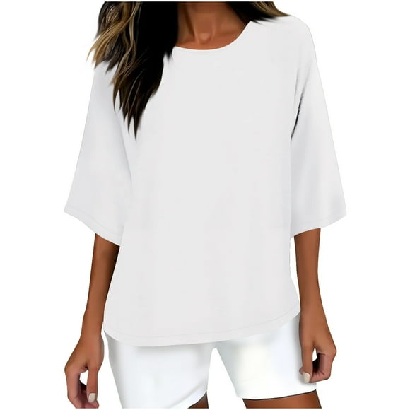 hotojiny 3/4 Sleeve Cotton Linen Shirt Plus Size Crew Neck Solid Color Oversized Tee Summer Breathable Plus Size Tops for Women